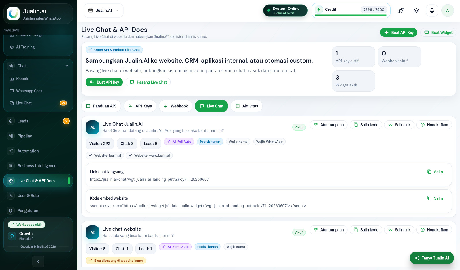 Screenshot Live Chat dan API Docs Jualin.ai