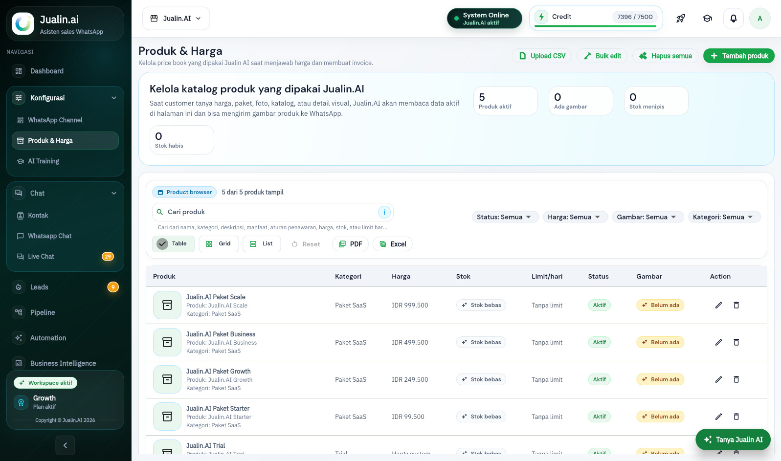 Screenshot Produk dan Harga Jualin.ai